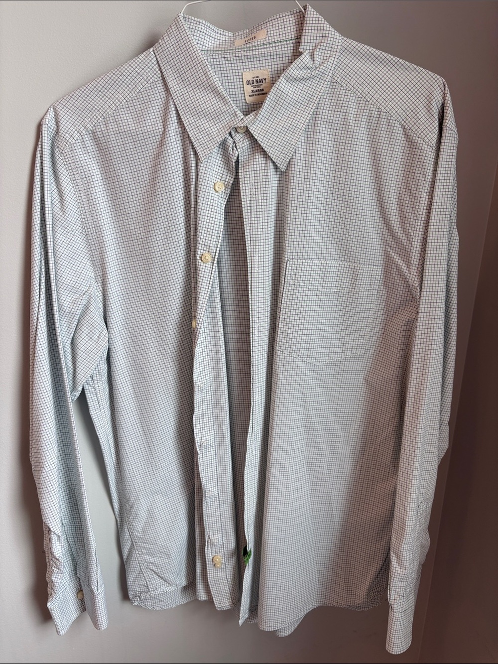 Old Navy Men's Light Blue and White Micro-Check Button-Down Shirt